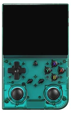 ANBERNIC RG35XX Pro handheld in transparent teal